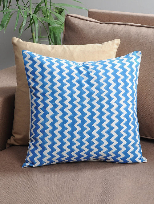 Blue hand block printed organic cotton cushion cover with zigzag pattern | Myyra Jaipur