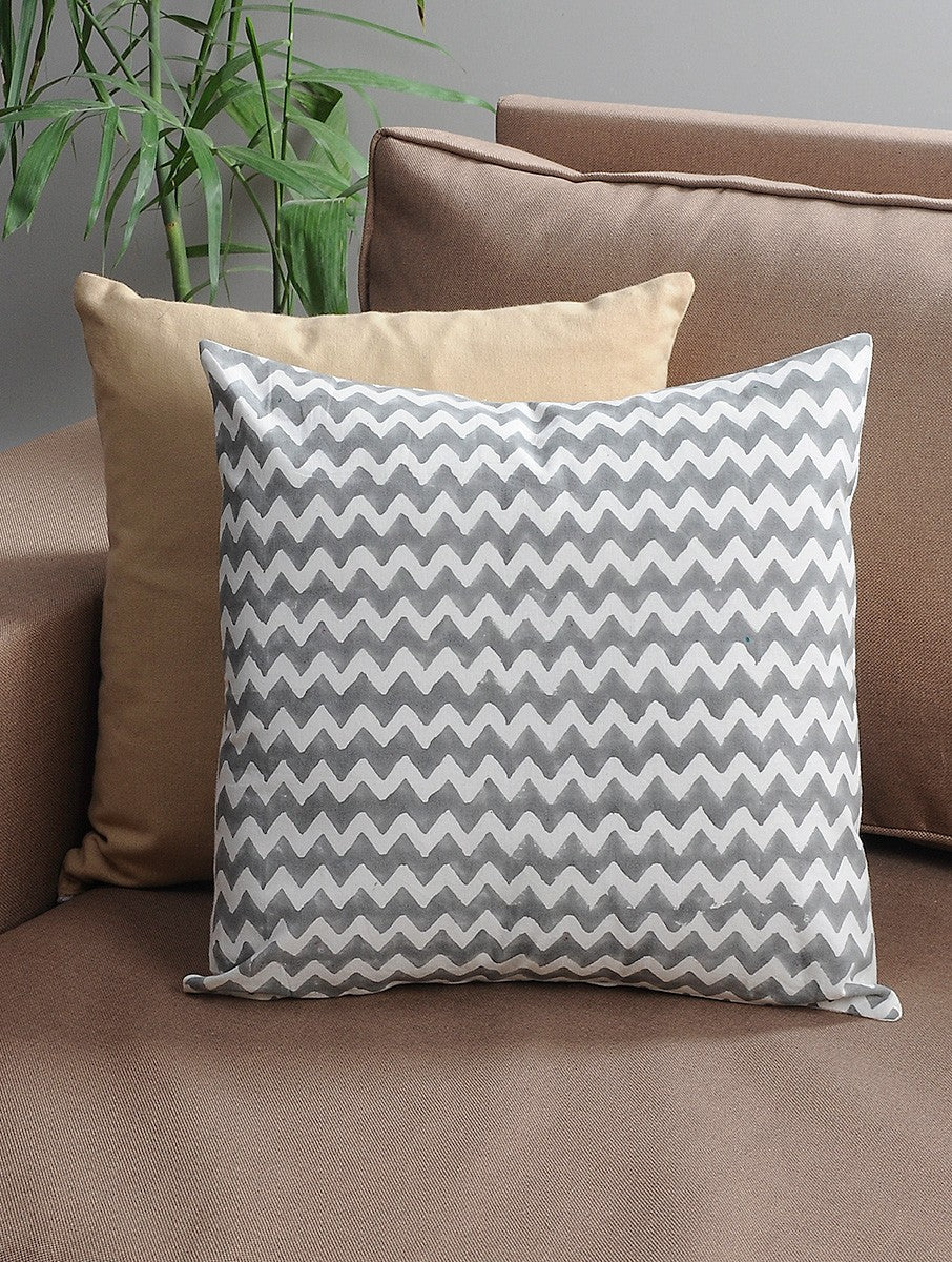 Grey Zigzag Cushion Cover Hand Block Printed Cotton - MYYRA