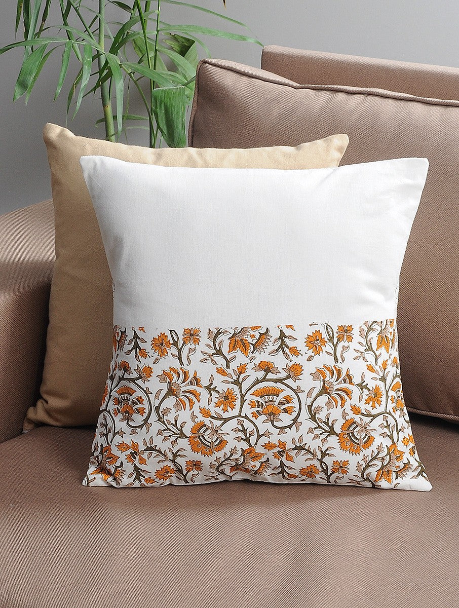 Hand block printed organic cotton cushion cover with floral pattern | Myyra Jaipur