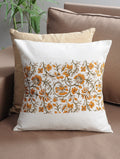 Yellow, orange and white hand block printed organic cotton cushion cover | Myyra Jaipur