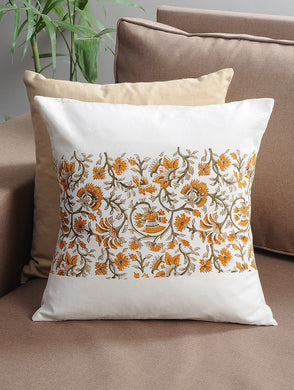 Yellow-Orange-White Cotton Hand-Block Printed Cushion Cover - MYYRA