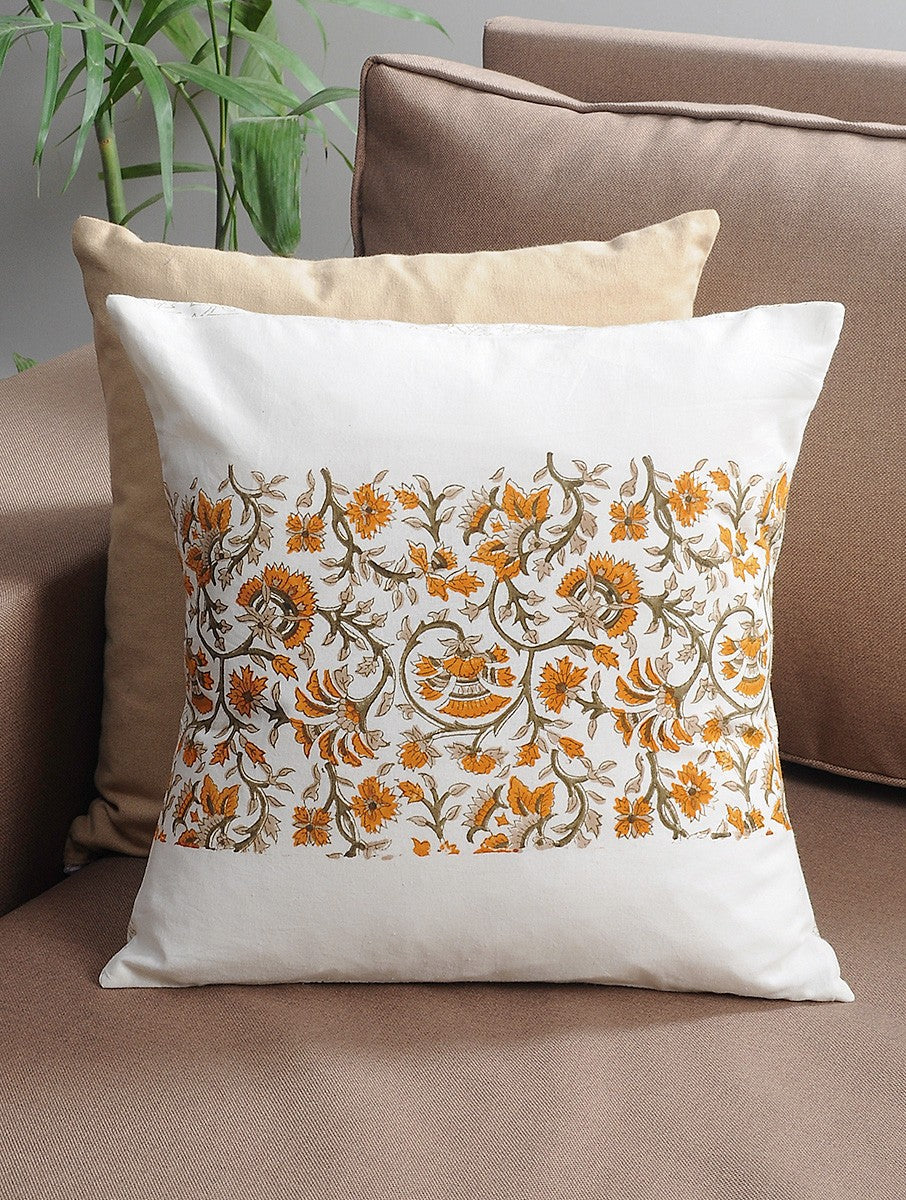 Hand block printed organic cotton cushion cover with floral pattern | Myyra Jaipur