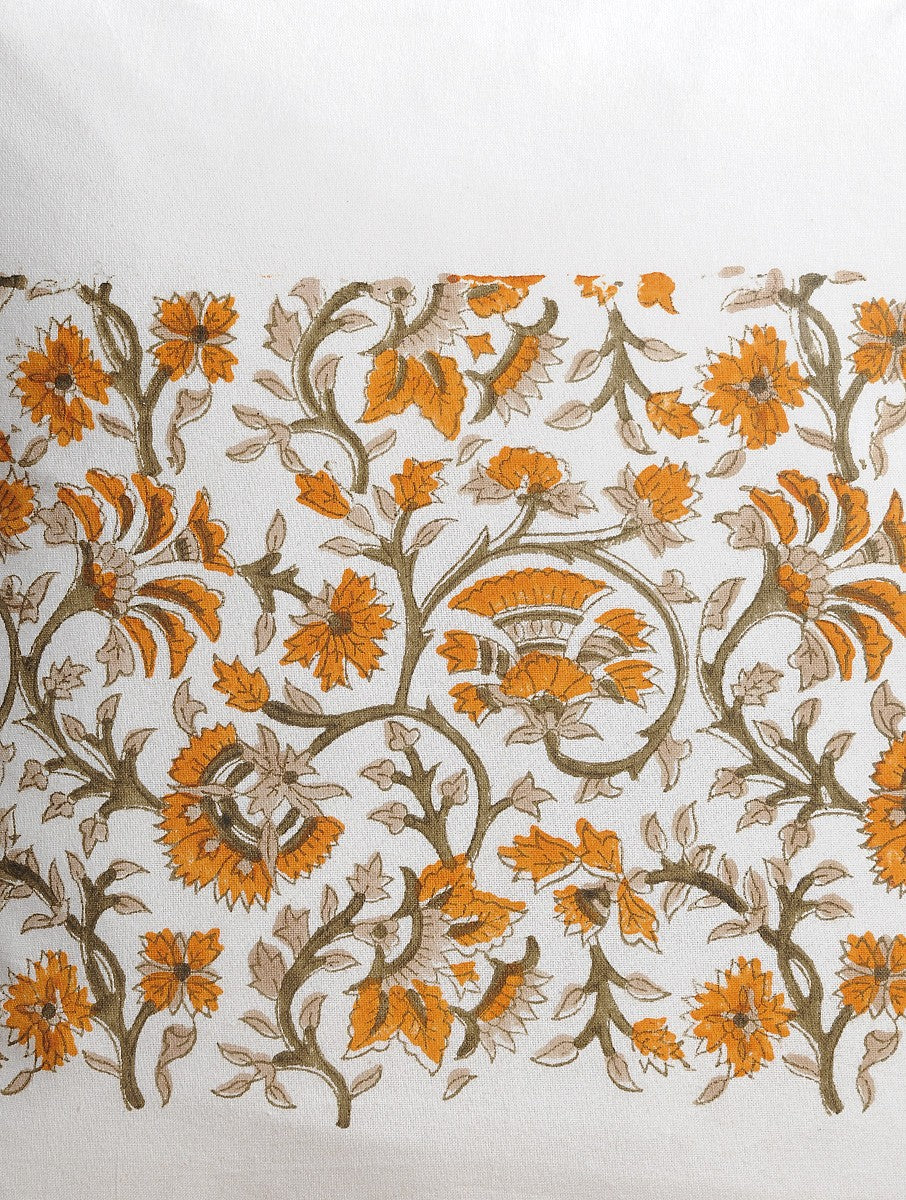 Close-up of floral hand block print on organic cotton cushion cover | Myyra Jaipur