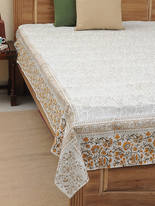 Hand block printed organic cotton bed cover with floral jaal lattice pattern | Myyra Jaipur