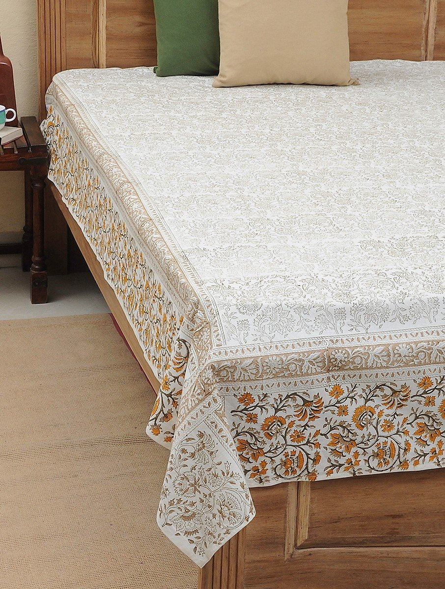 Hand block printed organic cotton bed sheet with floral jaal lattice pattern | Myyra Jaipur