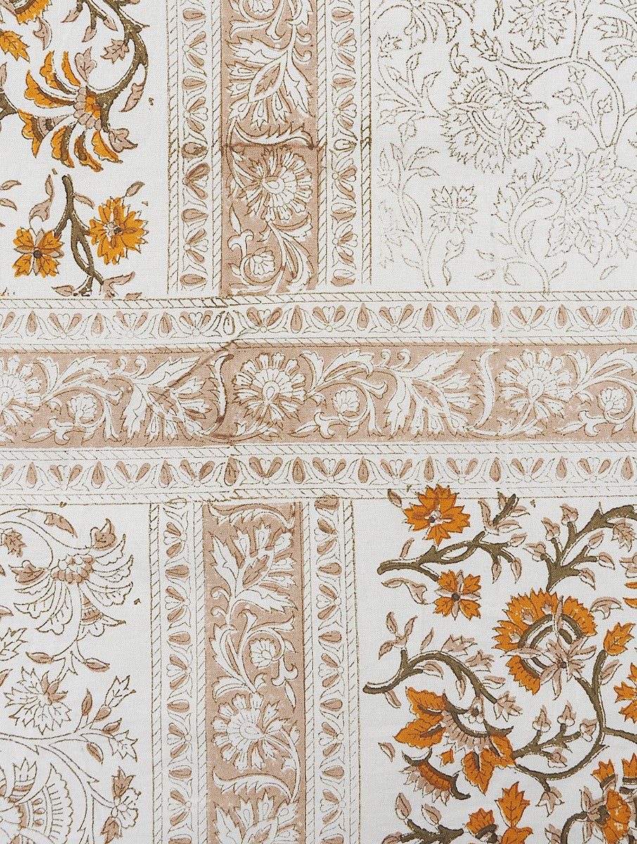 Close-up of floral jaal lattice hand block print on organic cotton bed cover | Myyra Jaipur