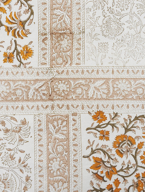 Close-up of floral jaal lattice hand block print on organic cotton bed cover | Myyra Jaipur