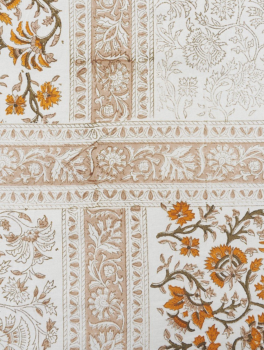 Close-up of floral jaal hand block print on organic cotton bed sheet | Myyra Jaipur