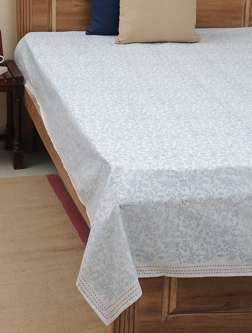 Blue hand block printed organic cotton bed cover with jaal lattice pattern | Myyra Jaipur
