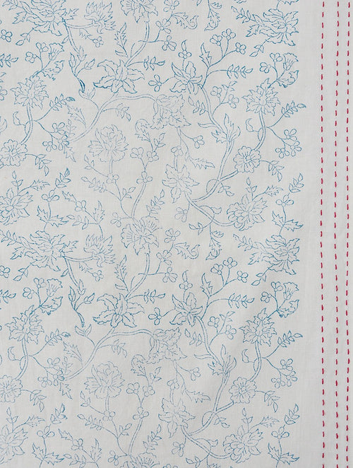 Close-up of blue jaal lattice hand block print on organic cotton bed cover | Myyra Jaipur