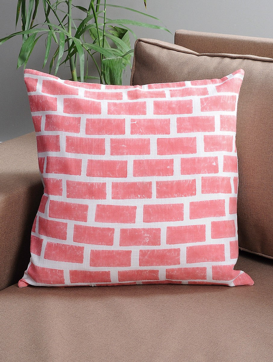 Peach hand block printed organic cotton cushion cover with bricks pattern | Myyra Jaipur