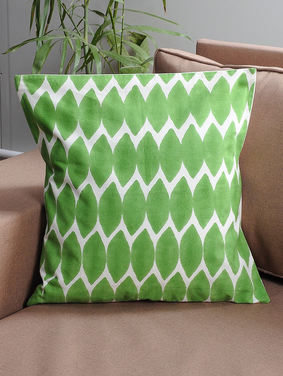 White-Green Cotton Hand-Block Printed Cushion Cover - MYYRA